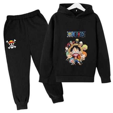 2025 Boys Girls Casual Hooded Japanese Anime One Piece Luffy Zoro Harajuku Hoodie Sweatpants Set with Pockets Sweatshirt Tops