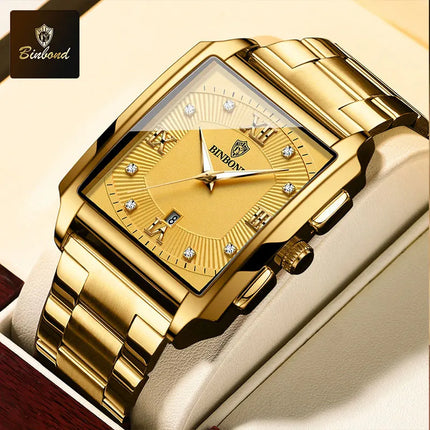 BINBOND Luxury Quartz Watch for Men Golden Square Large Dial 30M Waterproof Leather Strap Wrist Watches Date Display Men's Watch