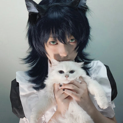 16Inch Blue Black Color Handsome Synthetic Wig With Bang Medium Natural Wavy Hair Wig for Man or Women Cosplay Heat Resistant