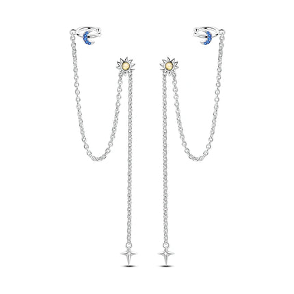 925 Sterling Silver Gold Color Star Moon Chain Stud Earrings for Women Girl Ear Studs Fine Jewelry Fashion Luxury Anniversary