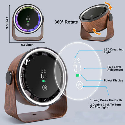 Large Capacity Rechargeable Desktop Fan 5000 mAh Mini Table Fan with 5-Speed 360° Rotation Wall-Mounted with Night Light