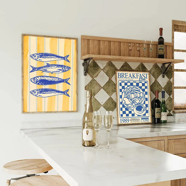 La Dolce Vita Kitchen Prints Retro Italian Foodie Art Poster Coastal Decor Blue & Yellow Gallery Wall Canvas Painting