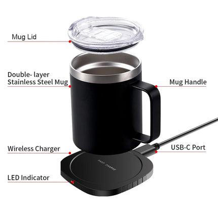 2 IN 1 Coffee Mug Warmer and Wireless Charger with Cup and Lid 55℃/131℉ Intelligent Constant Temperature 10.5oz