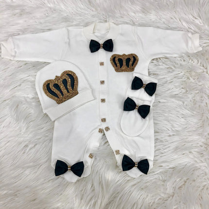 Original UK Prince Take Me Home Outfit Baby Crown Jewels set Baptism Bling Outfit Rubybelleb Light Blue 3pcs Layette Swaddle Set