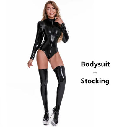 Sexy Women Double Zipper Open Crotch Catsuit PVC Latex Bodysuit Wetlook Faux Leather Jumpsuits Ladies Shiny Latex Bodysuit