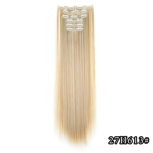 Black Hair Extensions 24"/60cm 6pcs/set Women Long Straight Synthetic Full Head Clip 16 Clips Ombre Heat Resistant Fiber Hair
