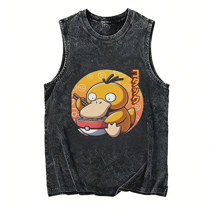 Vintage Washed Pokemon Gengar T Shirt Men Vest 2026 Summer Sleeveless Shirt Ramen Print Streetwear Loose Casual Men's Tank Top