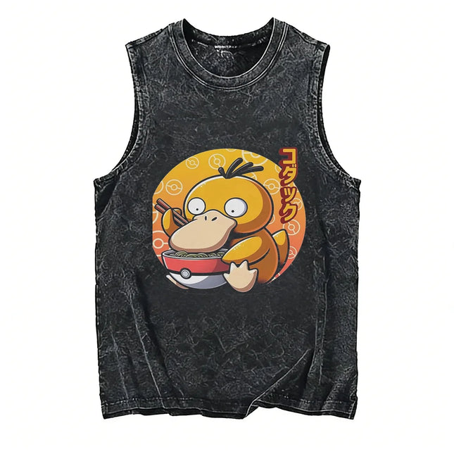 Vintage Washed Pokemon Gengar T Shirt Men Vest 2026 Summer Sleeveless Shirt Ramen Print Streetwear Loose Casual Men's Tank Top