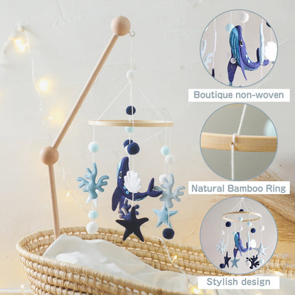 Blue Whale Baby Crib Mobile Newborn First Toy Non Woven Fabric Bamboo Ring Shape Cognition Auditory Development Nursery Decor