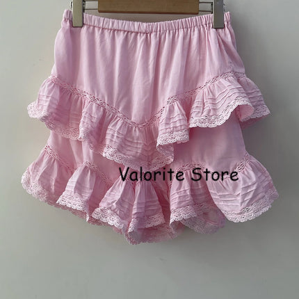 2025 Woman Pink Lace Embroidered Shirt Stand Collar Long Sleeved Hollow Out Buttons Up Matching Layered Shorts Skirts 2pcs set