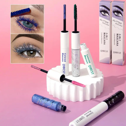 QIBEST Double-Ended Diamond Glitter Mascara Lasting Colored Mascara Eyelashes Pink Blue Green Red Voluminous Mascara Rimel