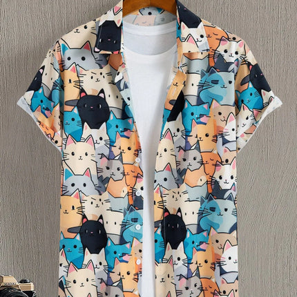 2026 New Fashionable Hawaiian Men's Cute Cat Printed Casual Harajuku Short Sleeved Shirt
