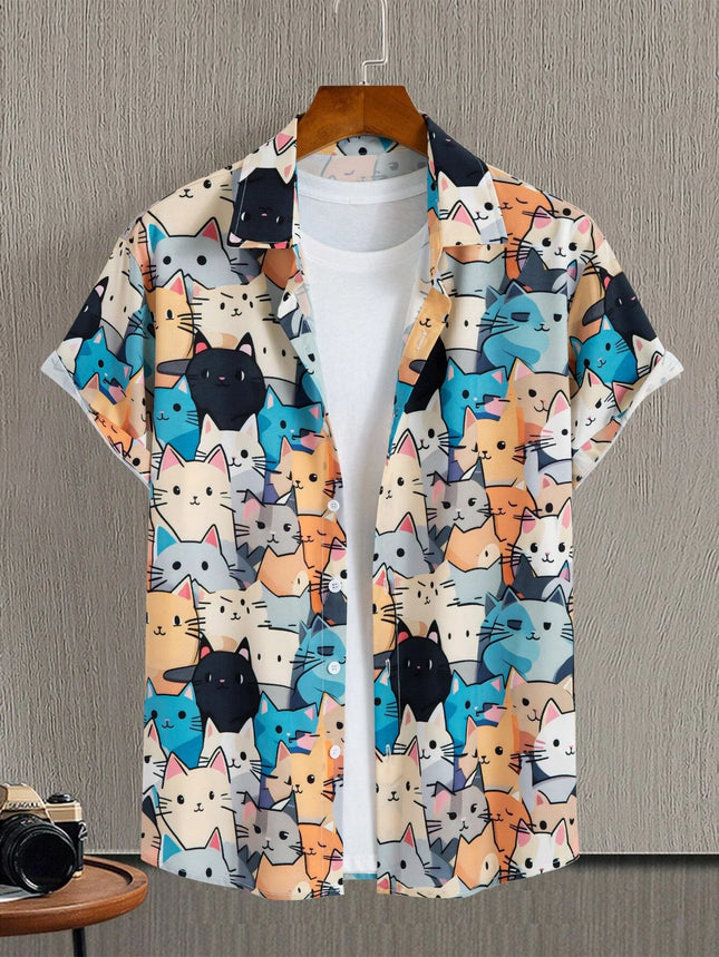 2026 New Fashionable Hawaiian Men's Cute Cat Printed Casual Harajuku Short Sleeved Shirt