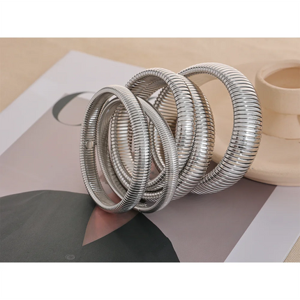 Yhpup Waterproof Stainless Steel Elastic Thick Metal Bracelet Bangle 18K Gold Plated Trend Fashion Unisex Jewelry Men Women