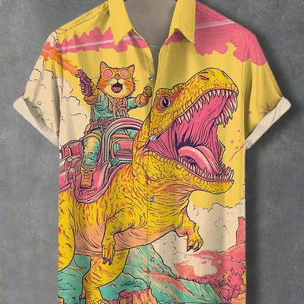 Men's Cat Graphics Shirts Short Sleeved Button Down Lapel Shirt For Summer Oversized Tops Vacation Casual Hawaiian Shirts