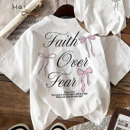 Pink Bow Faith Over Fear Printed Women Tee Shirts All-Match T-Shirt Casual O-Neck Clothes Hip Hop Y2K Short Sleeve