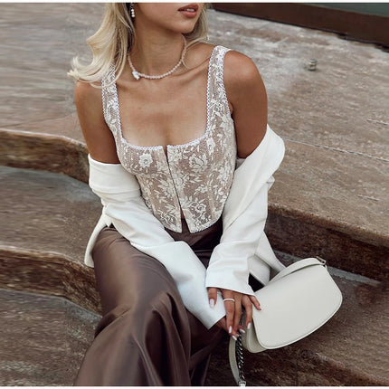 Women's Lace Corset Top Sexy Square Neck Sleeveless Slim Fit Mini Vest 2026 Spring Summer Female Casual Daily Party Fashion Tops