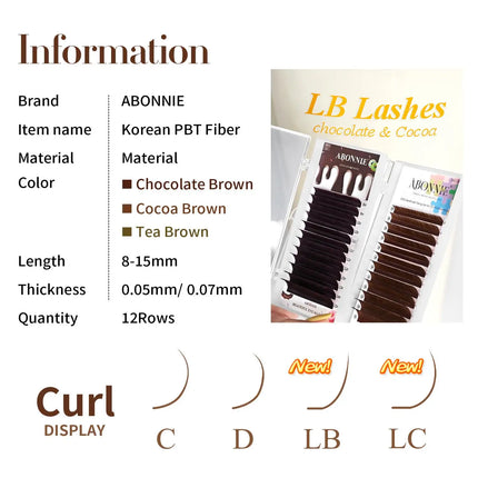 ABONNIE LB LC Curl Cocoa Brown Chocolate Brown Classic Eyelashes Extensions 0.05/0.07 Individual Soft Natural False Lashes