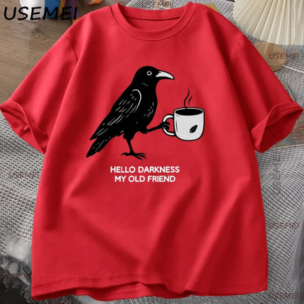 Vintage Crow Coffee T Shirt Halloween T-Shirt Fall Tee Women Men Cotton Tops Creative Crew Neck Tees Short Sleeve Loose TShirt