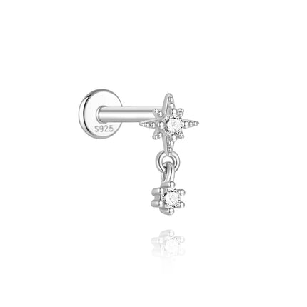 CANNER 1Pc 925 Silver Smooth Stars Moon Stud Earrings For Women 18K Gold Flat Head Threaded Puncture Ear Bone Ins Fine Jewelry