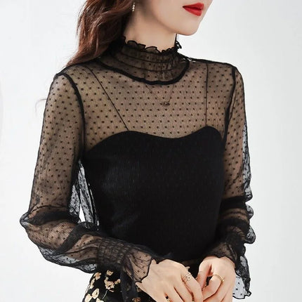 Women's Black Lace Flared Sleeve Slim Fit T-Shirt Long Sleeve Round Neck Base Shirt Fashion Kimono Bottoming Top for Women
