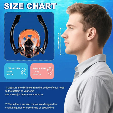 DEDEPU Full Face Snorkel Mask Double Breathing Tube 180° Wide-Eye Panoramic Vision Advanced Anti-Fog Swim Leak-Proof Adventures