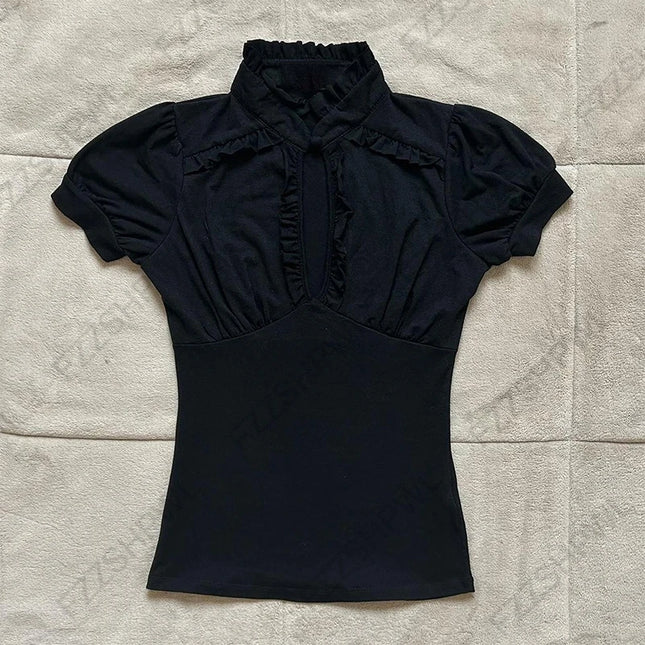 Vintage Slim Lace T-shirt Solid Color Casual Pattern Commuter High Street Fashion Y2K Cropped Top Trash Punk hop Women's T-shirt