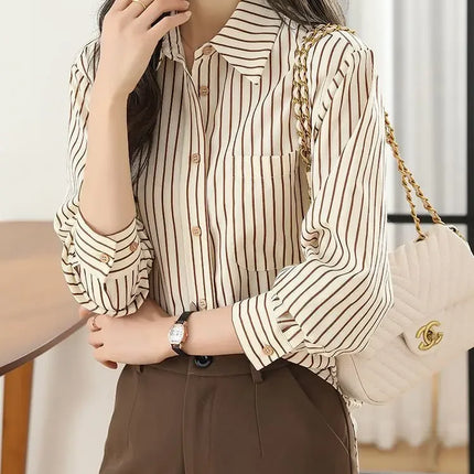 Women's Striped Shirt Casual Long Sleeve Fashion Outerwear Korean Style Spring Autumn New Arrival Elegant French Feel Top