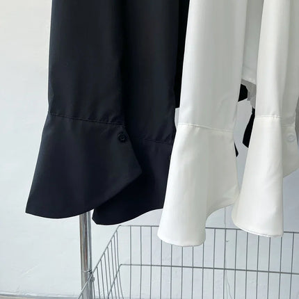 White Shirt Women Tops Korean Long Sleeve Blouses Lace Up Button Up Shirt Office Lady Black Fashion Slim Turn-Down Collar Blouse