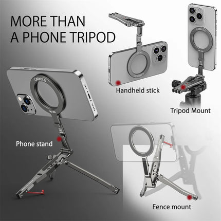 2026 Magnetic Tripod With Fence-Mounted Cold Shoe Handle Phone Tripod For Magsafe iPhone 16 15 14 13 12 Pro Android Desk Mount