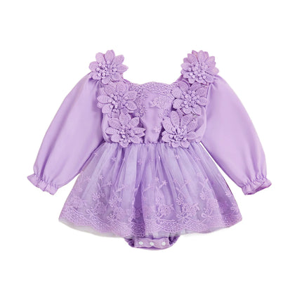 0-24M Infant Baby Girls Princess Romper Dress Cute Autumn 3D Lace Flowers Mesh Patchwork Long Sleeve A-Line Dress for Toddler