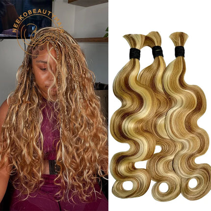Honey Blonde Highlight Bulk Human Hair 1 Bundles/Pack 100g 18 Inch Body Wave Knotless BOHO Braids Human Hair Braiding Hair
