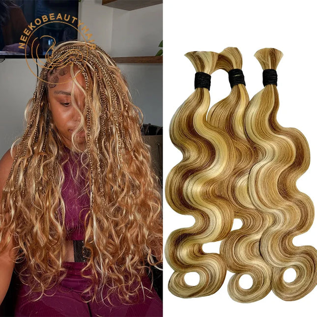 Honey Blonde Highlight Bulk Human Hair 1 Bundles/Pack 100g 18 Inch Body Wave Knotless BOHO Braids Human Hair Braiding Hair