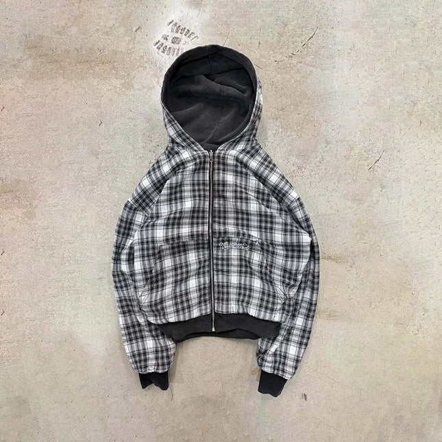 American Retro Reversible Plaid Zipper Hoodie Sweatshirt Mens Womens Casual Plaid Sweatshirt Solid Color Lining Y2K Street Style