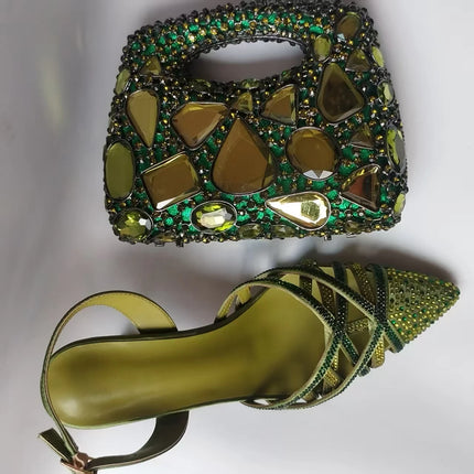 INSIGHTLINK Luxury Olive Green Rhinestones Women's Shoe and Bag Set for Party Wedding Crystals Heeled Pumps and Handbag Sandals