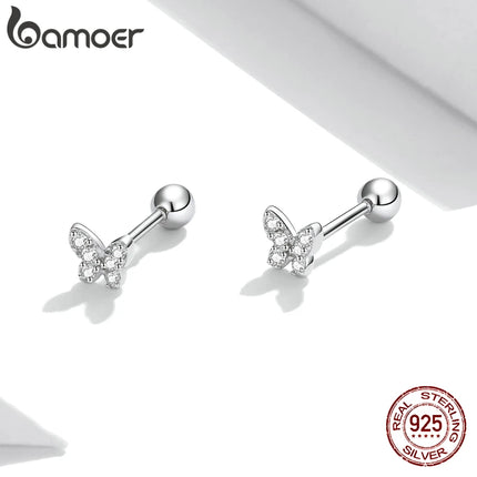 Bamoer 925 Sterling Silver Brilliant Star Earrings for Women Tiny Butterfly Stud Earrings Snowflake Girl Ear Studs Fine Jewelry