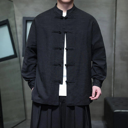 Chinese Style Men Long Sleeve Casual Shirt New 2026 Spring Vintage Mandarin Collar Loose Male Cotton Linen Tops Shirts N055