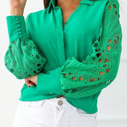 Plus Size 1XL-5XL Women's Elegant Lace Blouse Button Ladies Fashion Long Sleeve Lace Splicing Blouse Shirt