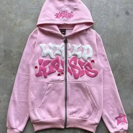Zipper hooded sweatshirt with retro American letters suitable for men and women wearing Y2K jacket autumn/winter cardigan