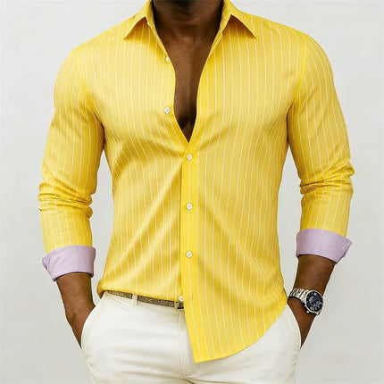New men's striped shirt, outdoor street style, business casual, lapel collar, long sleeves, versatile and fashionable men's top.