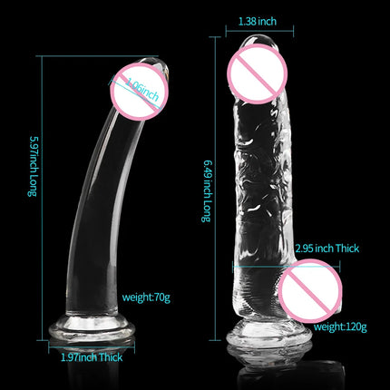 2 Pcs 1 Set Soft Silicone Realistic Dildo with Suction Cup for Women Adult Game Cute Penis Masturbator Sex Toy Crystal Jelly Transparent