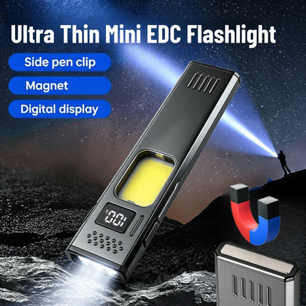 Ultra Thin Mini EDC Flashlight Magnetic LED Torch with Pen Clip USB Rechargeable Pocket Light for Outdoor Camping Hiking Carry
