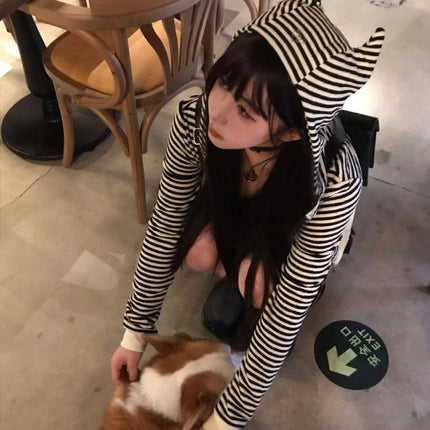 Vintage Sexy Stripe Loose Harajuku Devil's Cape Hooded Hoodies Women Diamond Hoody Y2k Aesthetic Grunge Zipper Sweatshirt Tops
