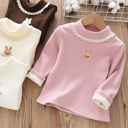 1pc Children's T-Shirt Rabbit Embroidery Velvet Warm Top Kids Half High Collar Long Sleeve Base Shirt Girls T-Shirts Clothes