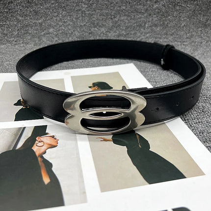 Fashionable Geometric Double Oval Metal Buckle Decorative Belt Versatile Personality High-End Design PU Leather Waistband
