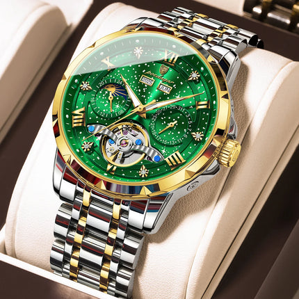 POEDAGAR Top Original Men Clock Automatic Mechanical Stainless Steel Men's Watches Calendar Hollow Tourbillon Man Watch Male+Box