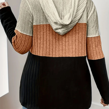 Plus Size Women's Hooded Fashion Knit Ribbed Cardigan Sweatshirt