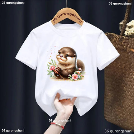 Harajuku Kawaii Kids Clothes Funny Otter Love Flowers Animal Printed T-shirt Girls/Boys Summer Fashion T-shirt Tops