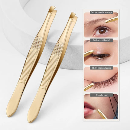 A gold stainless steel eyebrow tweezers, with flat and oblique styles, plucking eyebrows and beard pliers tweezers tools, unisex