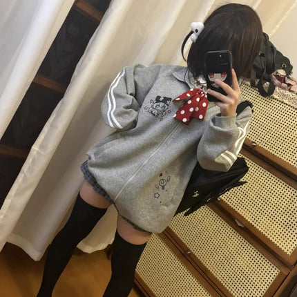 Preppy Style Fashion Cute Japanese Zip Up Cardigan Harajuku Punk Grunge Loose Turn Down Collar Y2k Hoodies Casual Sweatshirts
